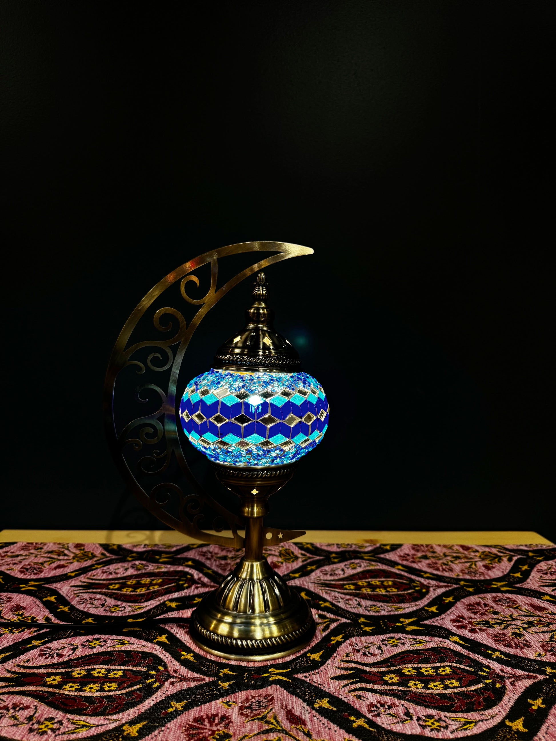 Azure Harmony Turkish Mosaic Lamp - Crescent Moon Design-Shop the stunning Azure Harmony Turkish Mosaic Lamp! Features blue, turquoise, and silver geometric mosaics with a crescent moon design. Includes LED bulb. Buy now!-Bazaar G Rugs N Gifts