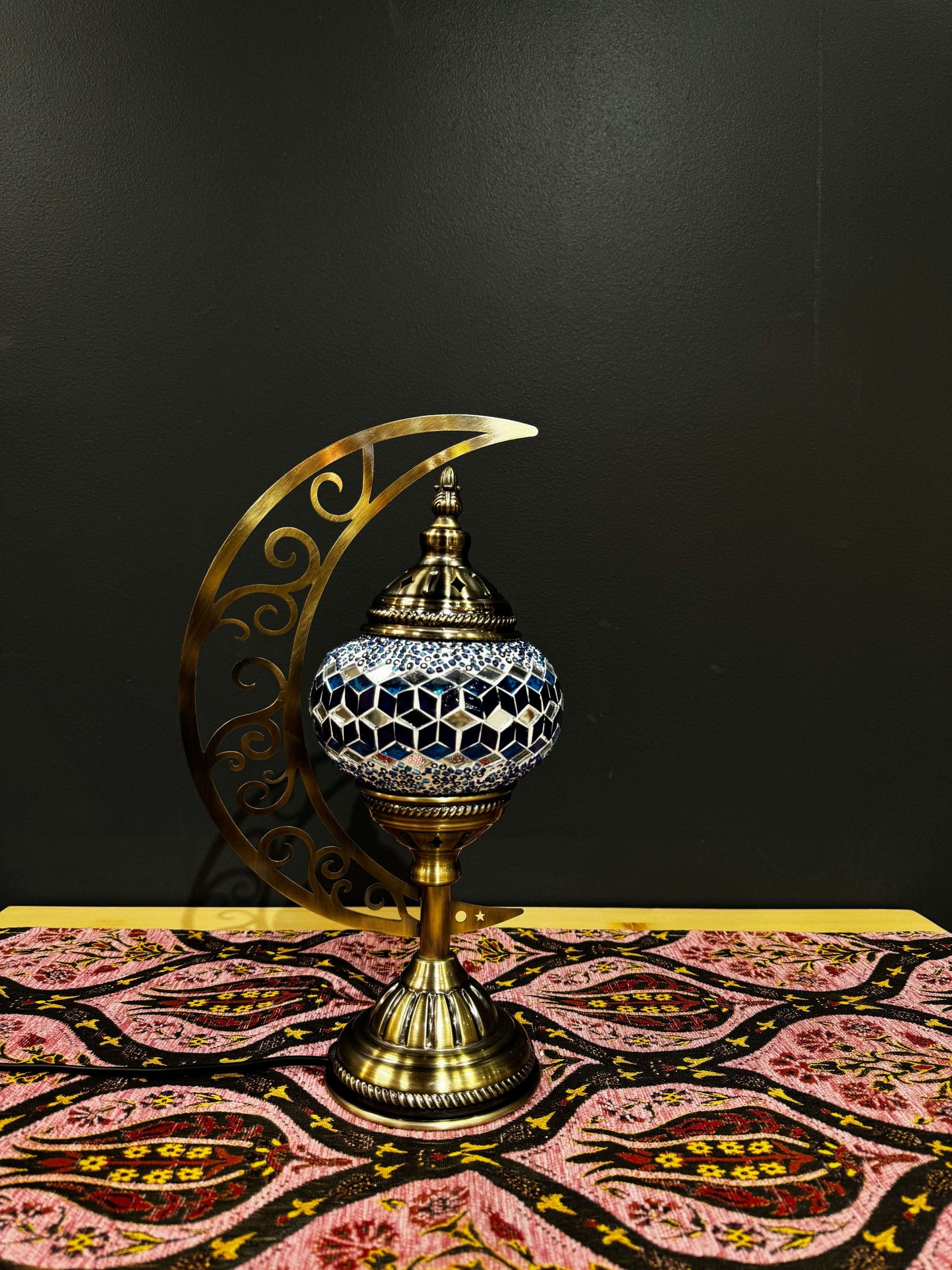 Azure Harmony Turkish Mosaic Lamp - Crescent Moon Design-Shop the stunning Azure Harmony Turkish Mosaic Lamp! Features blue, turquoise, and silver geometric mosaics with a crescent moon design. Includes LED bulb. Buy now!-Bazaar G Rugs N Gifts