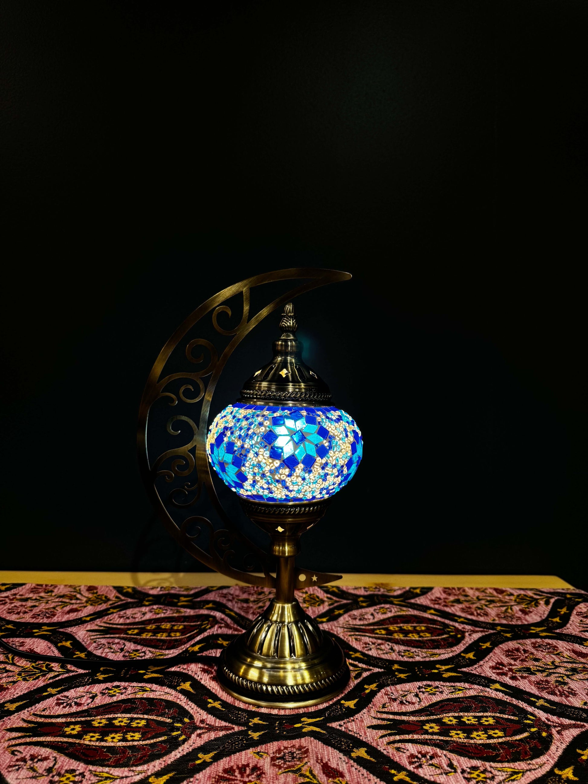 Azure Jewel Turkish Mosaic Lamp - Crescent Moon Design-Shop the Azure Jewel Turkish Mosaic Lamp! Features vibrant blue and white mosaic design with golden accents on a crescent moon stand. Includes LED bulb.-Bazaar G Rugs N Gifts