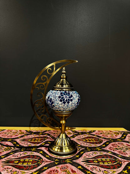 Azure Jewel Turkish Mosaic Lamp - Crescent Moon Design-Shop the Azure Jewel Turkish Mosaic Lamp! Features vibrant blue and white mosaic design with golden accents on a crescent moon stand. Includes LED bulb.-Bazaar G Rugs N Gifts