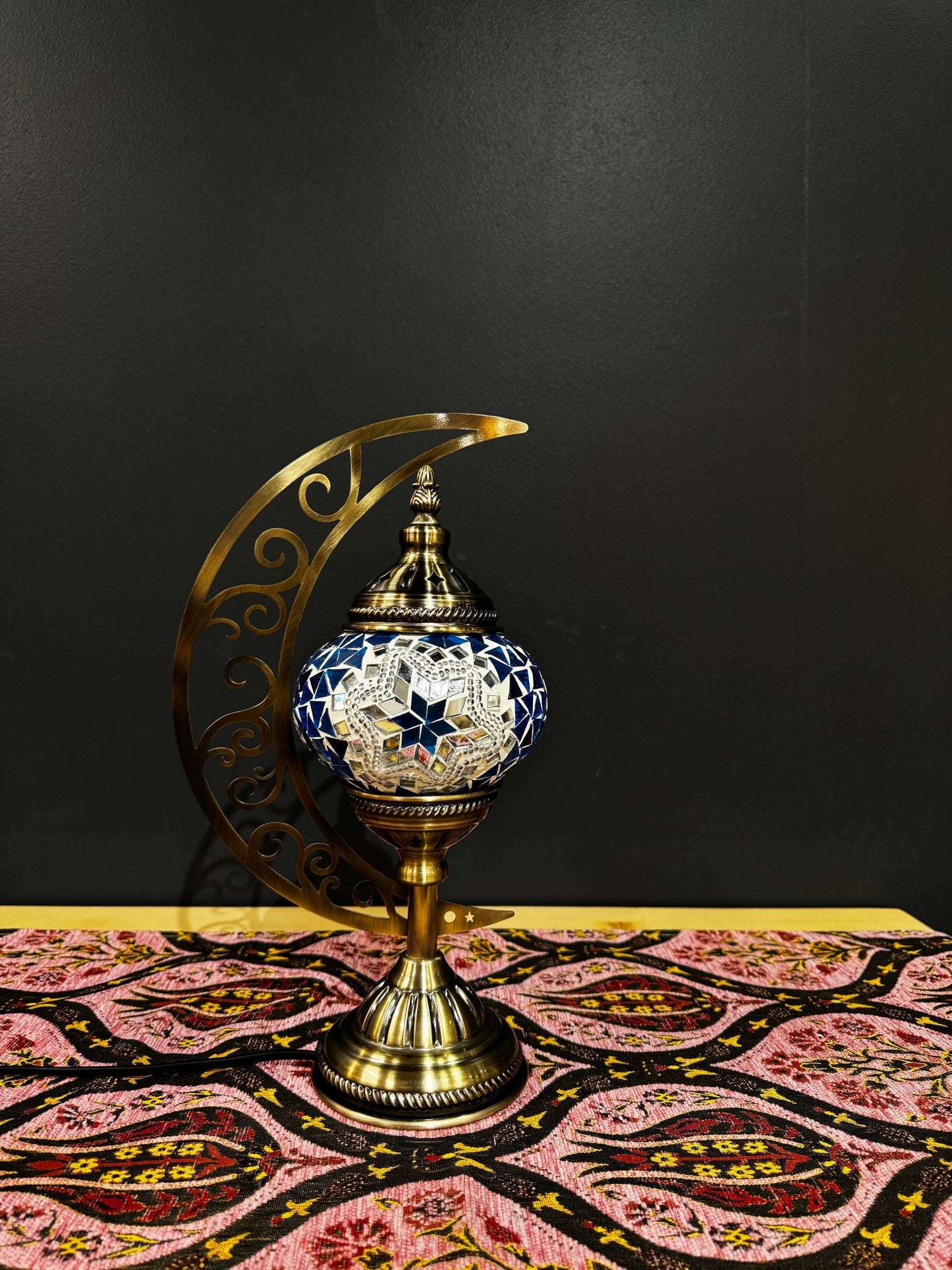 Azure Star Turkish Mosaic Lamp - Crescent Moon Design-Shop the Azure Star Turkish Mosaic Lamp! Features vibrant blue, gold, and white star mosaic design with a crescent moon stand. Includes LED bulb. Perfect for decor or gifting.-Bazaar G Rugs N Gifts
