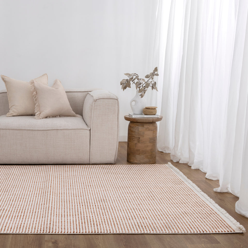 Berno Pink Ivory Loop Stripes Rug - B002 styled with furniture