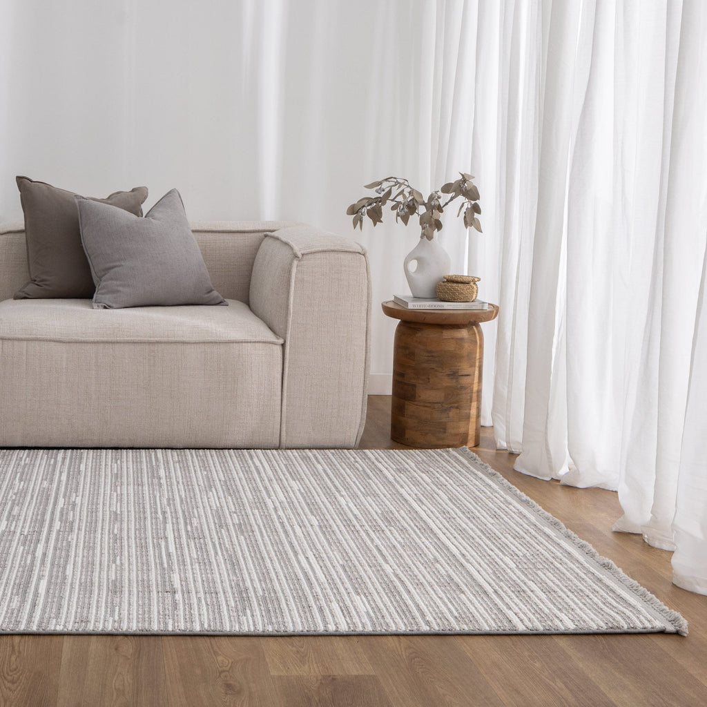 Berno Silver Ivory Loop Lines Rug - B006 styled with furniture