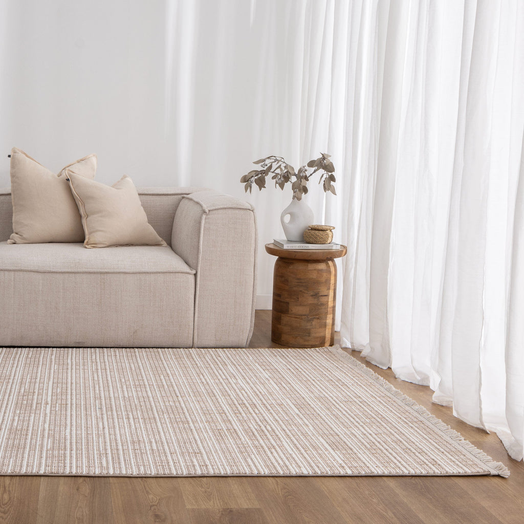 Berno Beige Ivory Loop Lines Rug - B007 styled with furniture