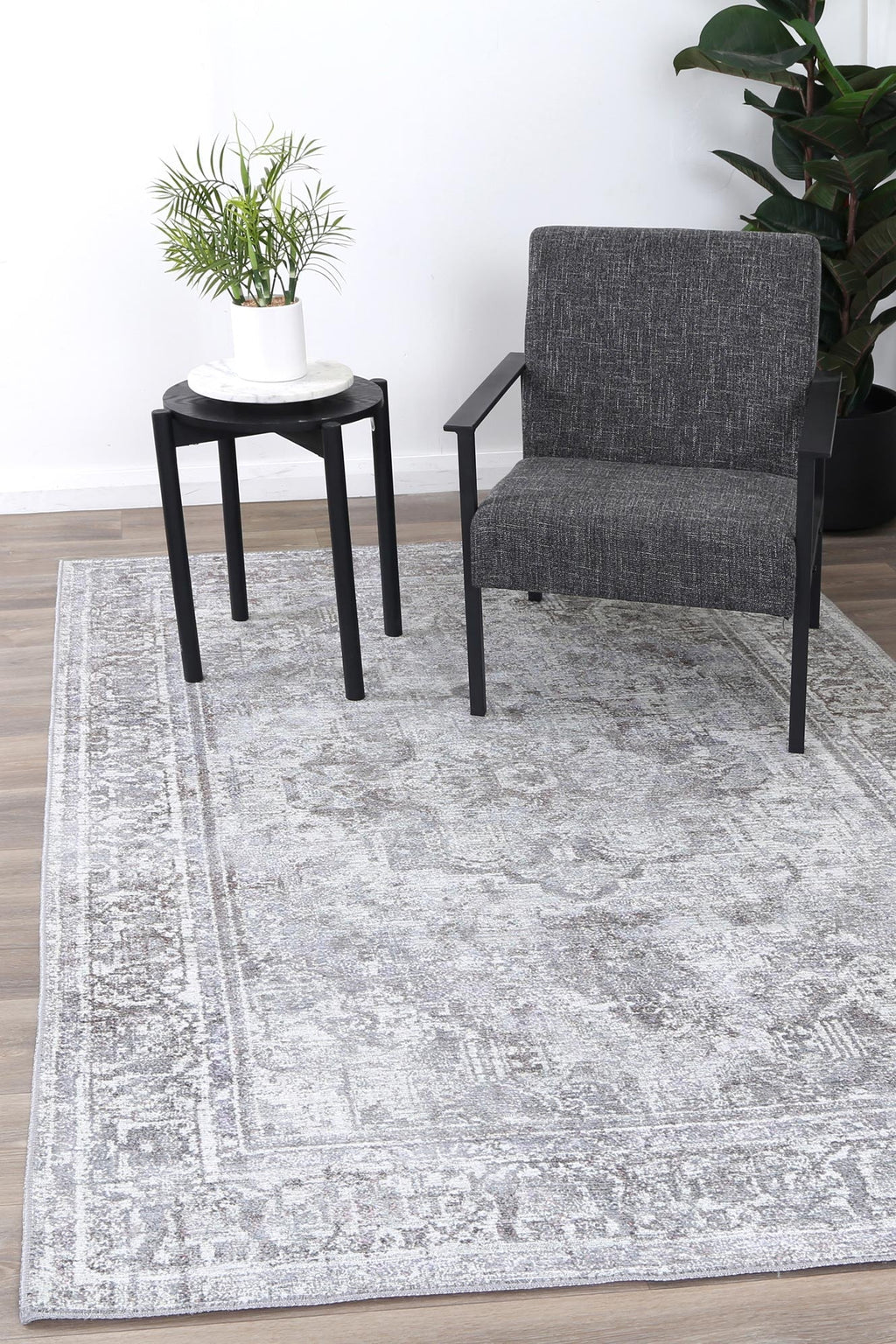 Babylon Arbela Grey Washable Rug - VTL1011-02 styled with furniture