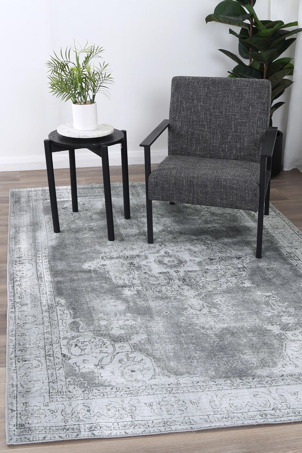 Babylon Isin Dark Grey Washable Rug - VTL1192-02 styled with furniture