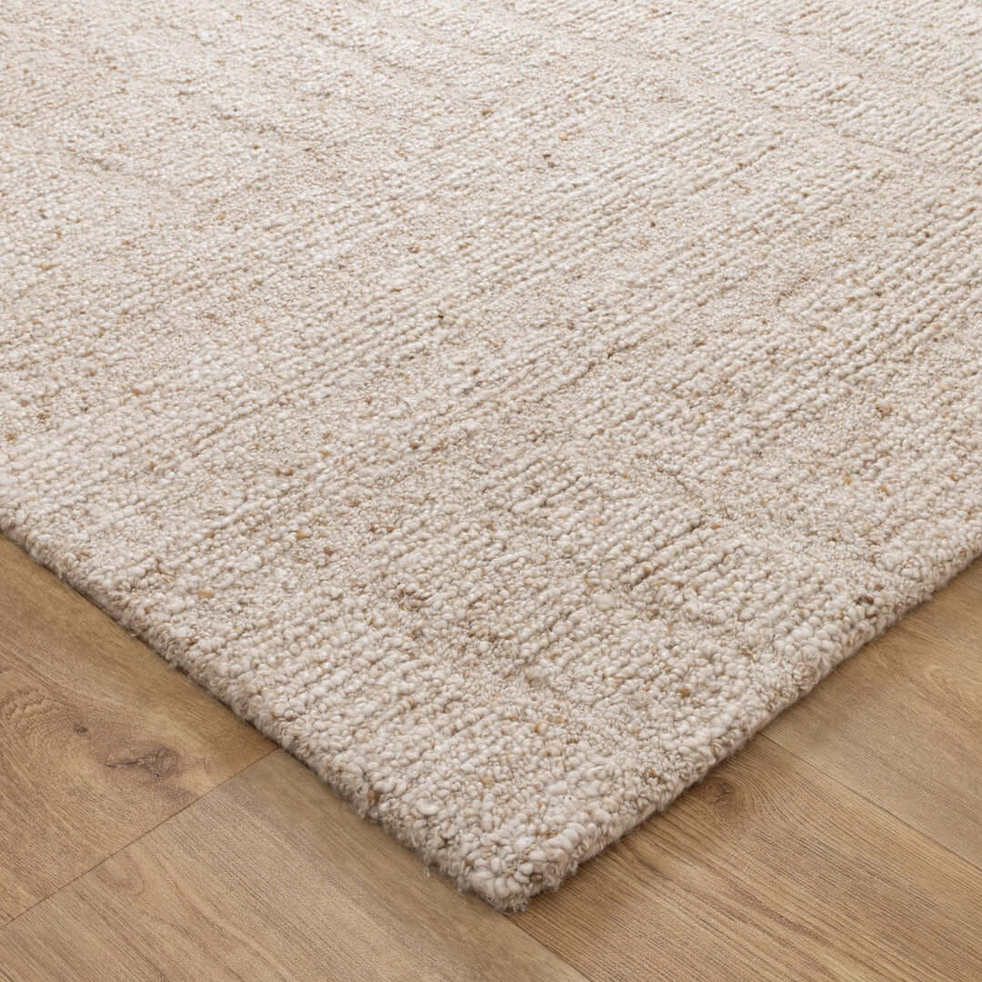 Seren Beige modern wool rug - styled view