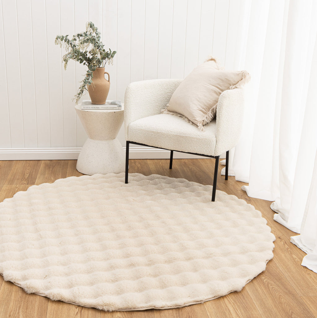 Purity Beige Round Washable Shaggy Rug styled with furniture