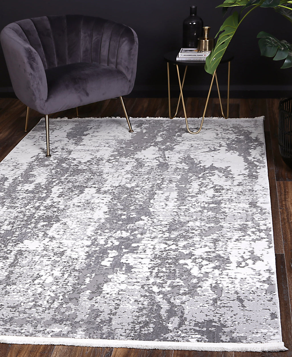 Bohemian Paradise One Modern Grey Rug - 01GREY styled with furniture