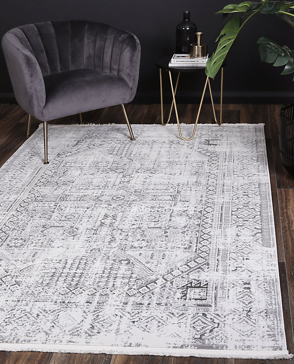 Bohemian Paradise Panel Grey Rug - 03GREY styled with furniture