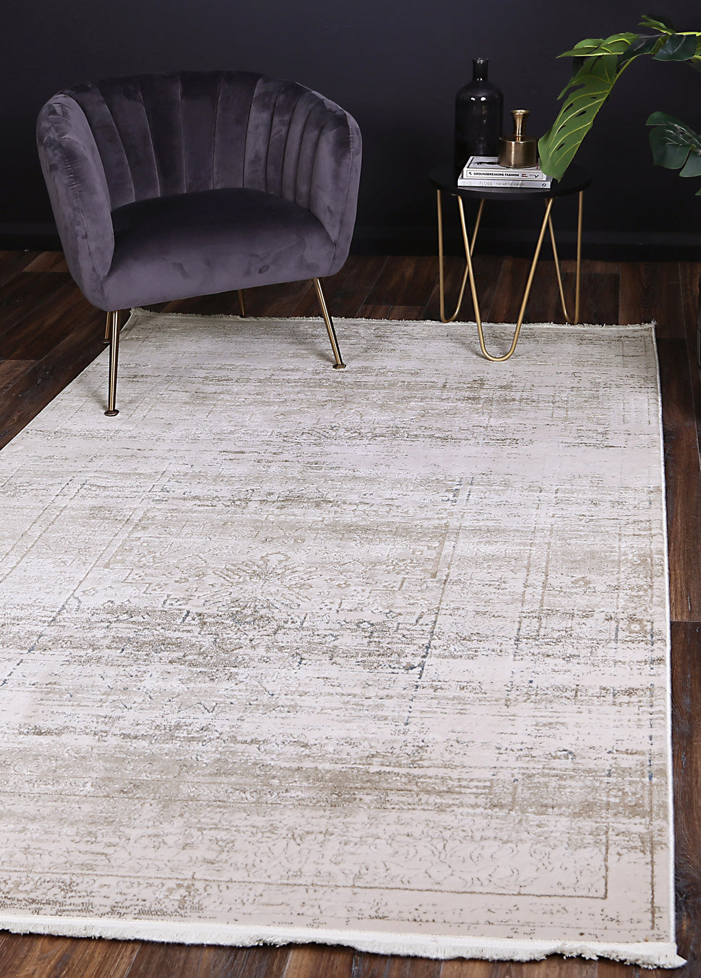 Bohemian Paradise Traditional Beige Blue Rug -04BBLU styled with furniture