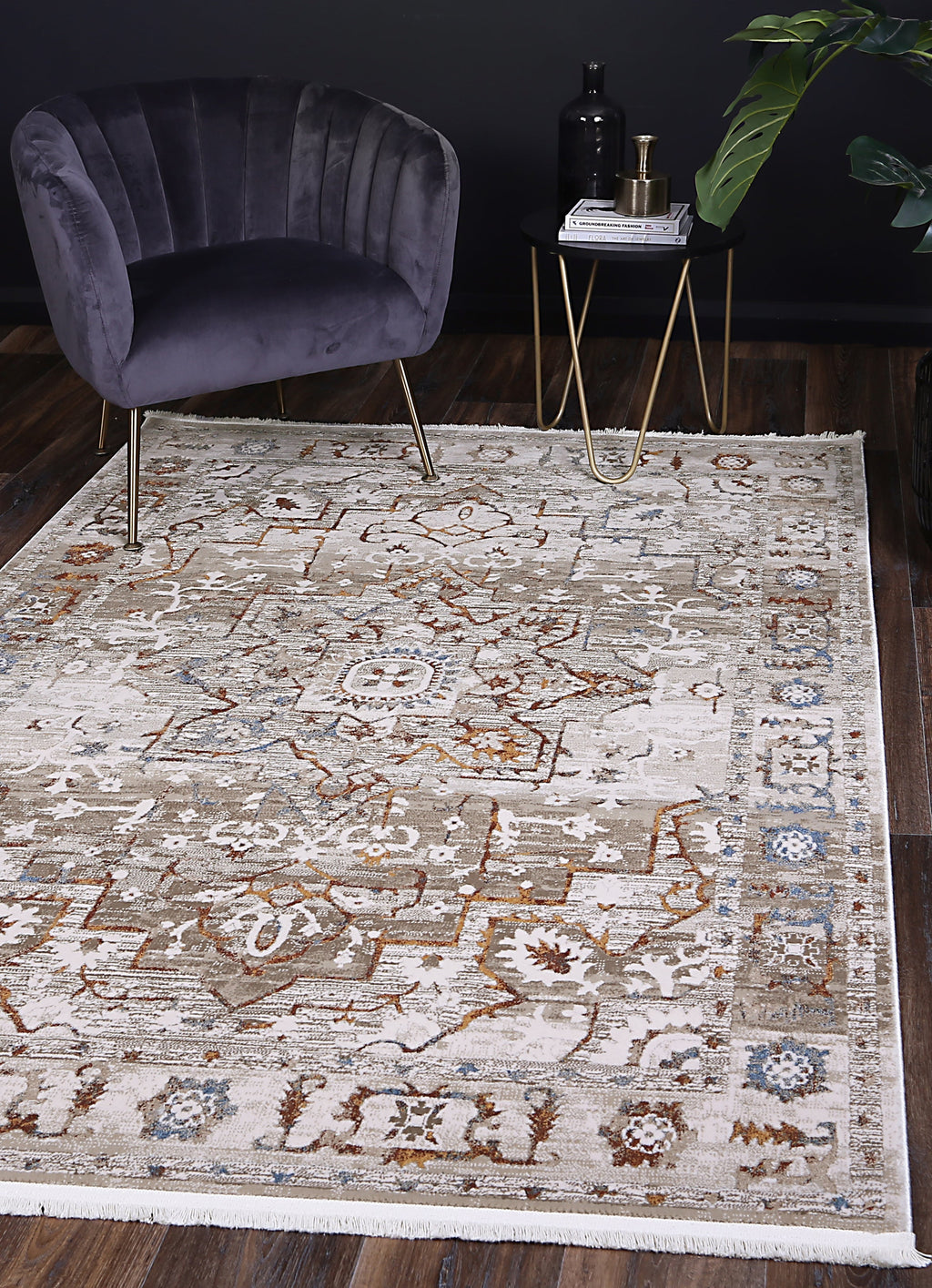 Bohemian Paradise Medallion Beige Multi Rug - 05BMUL styled with furniture