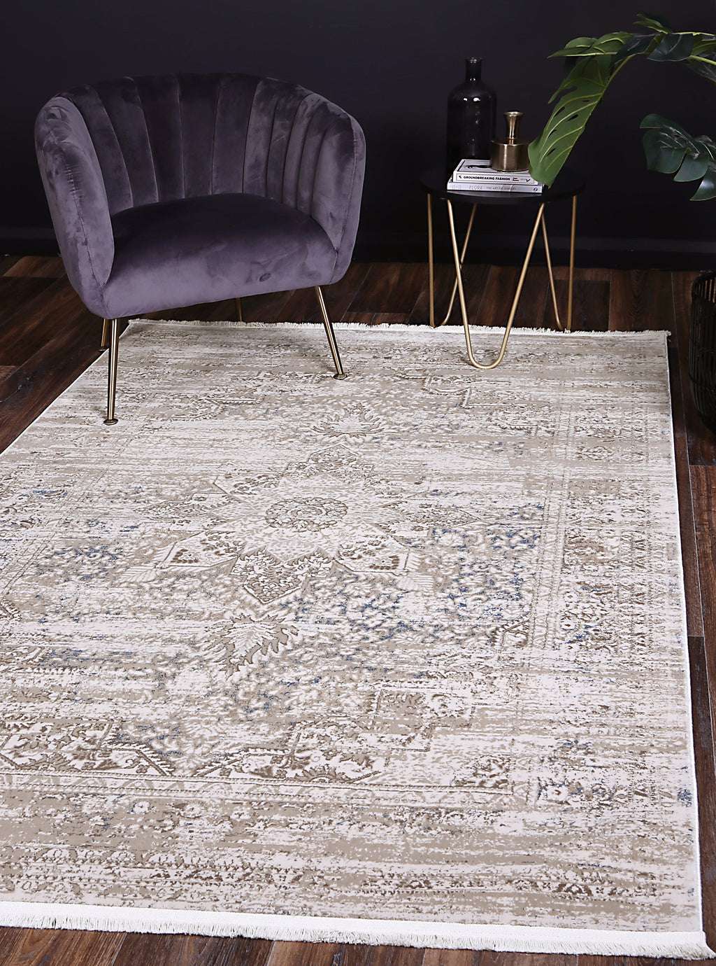Bohemian Paradise Medallion Beige Blue Rug - 06BBLU styled with furniture