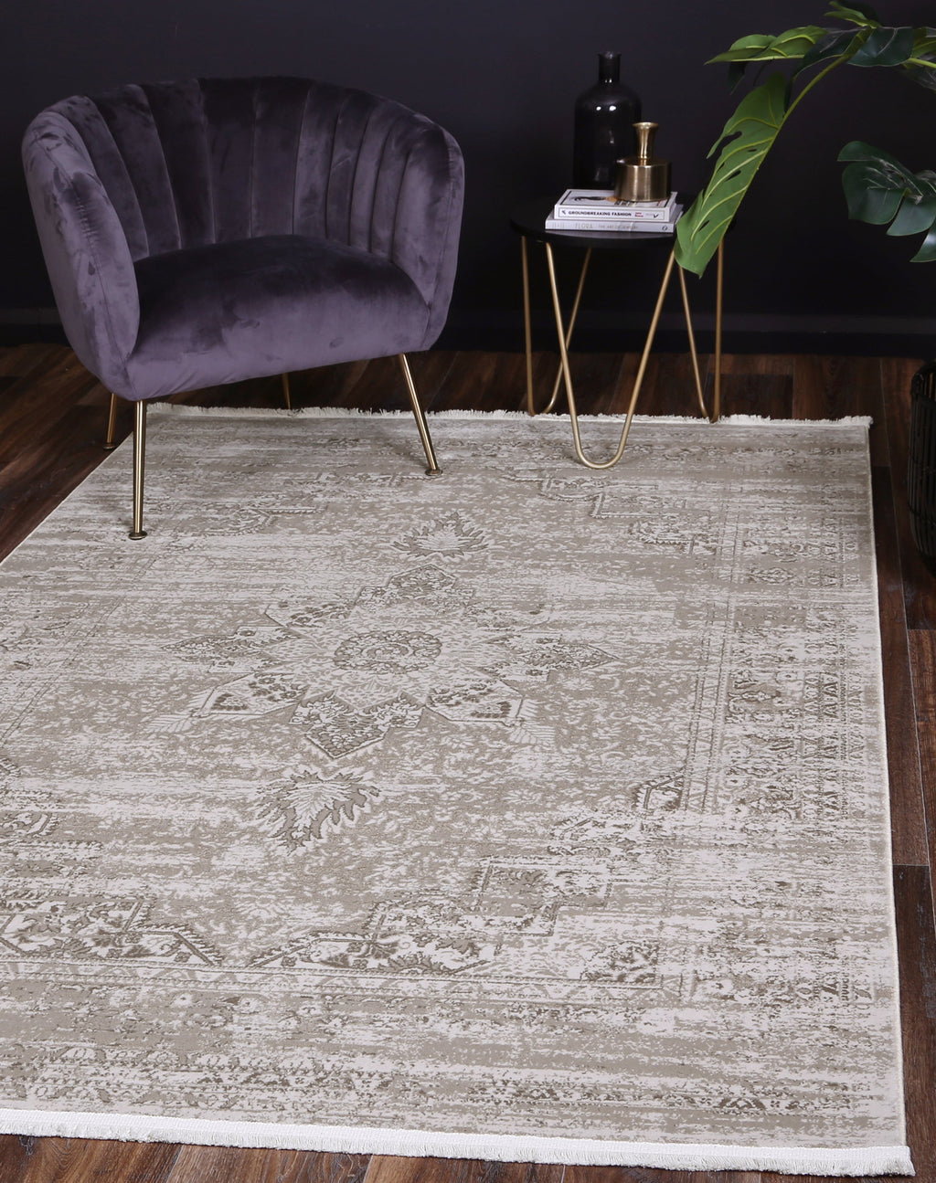 Bohemian Paradise Medallion Beige Rug - 06BEIG styled with furniture