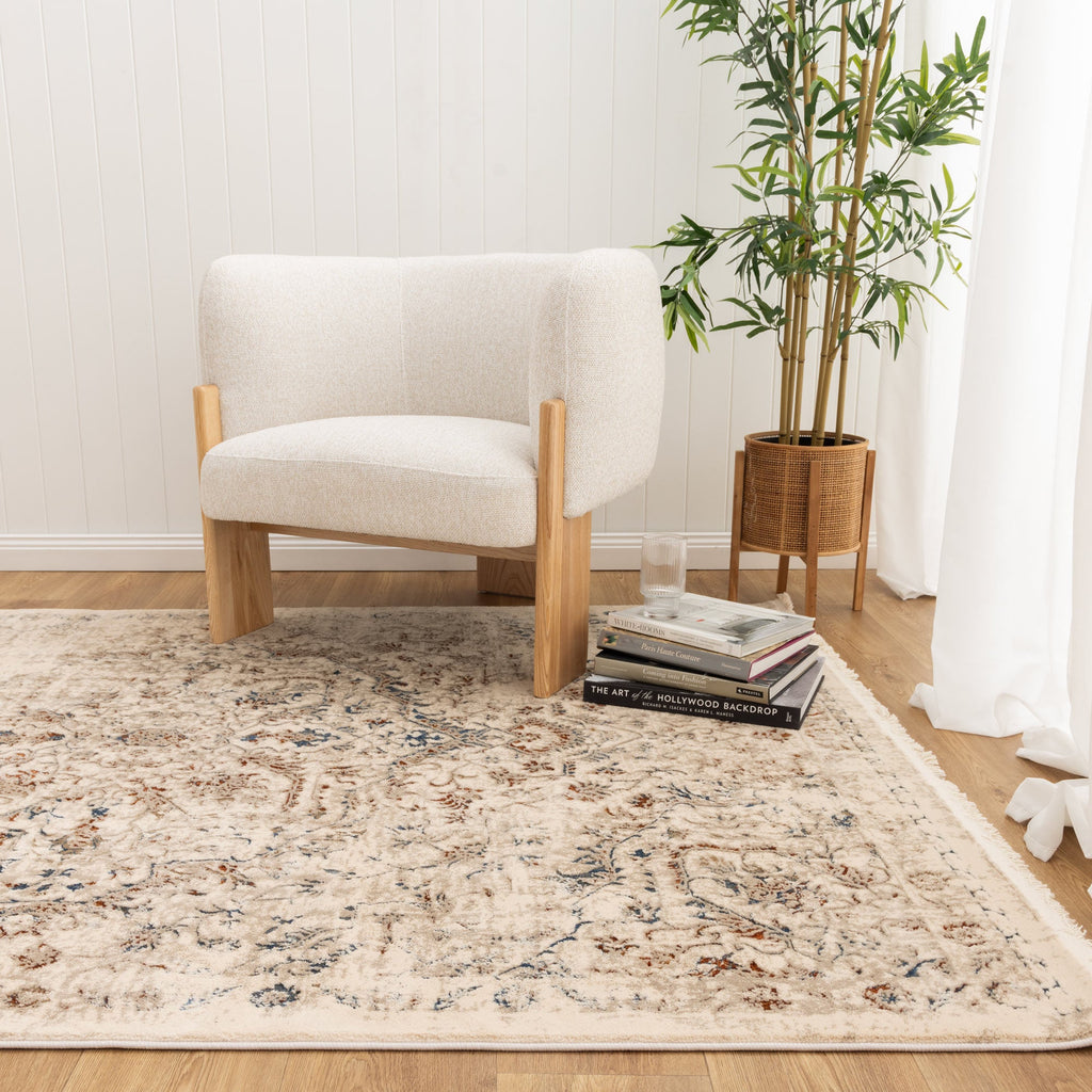 Bohemian Paradise 07BMUL Beige Multicolour Vintage Rug styled with furniture