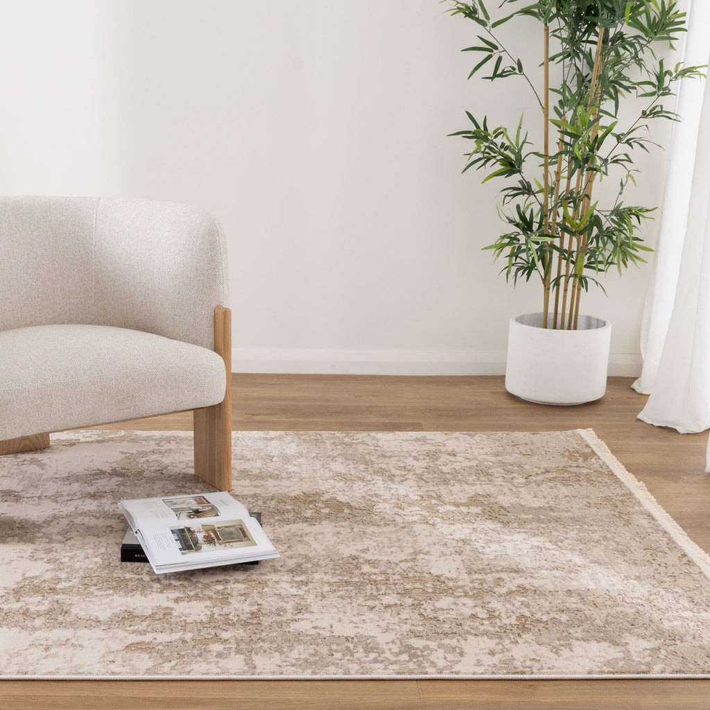 Bohemian Paradise One Modern Beige Rug - 01BEIG styled with furniture