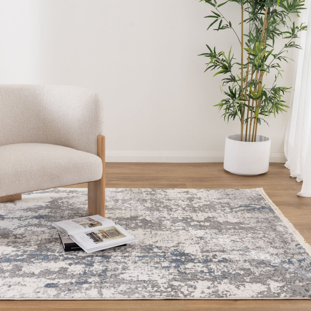 Bohemian Paradise One Modern Grey Blue Rug - 01GBLU styled with furniture