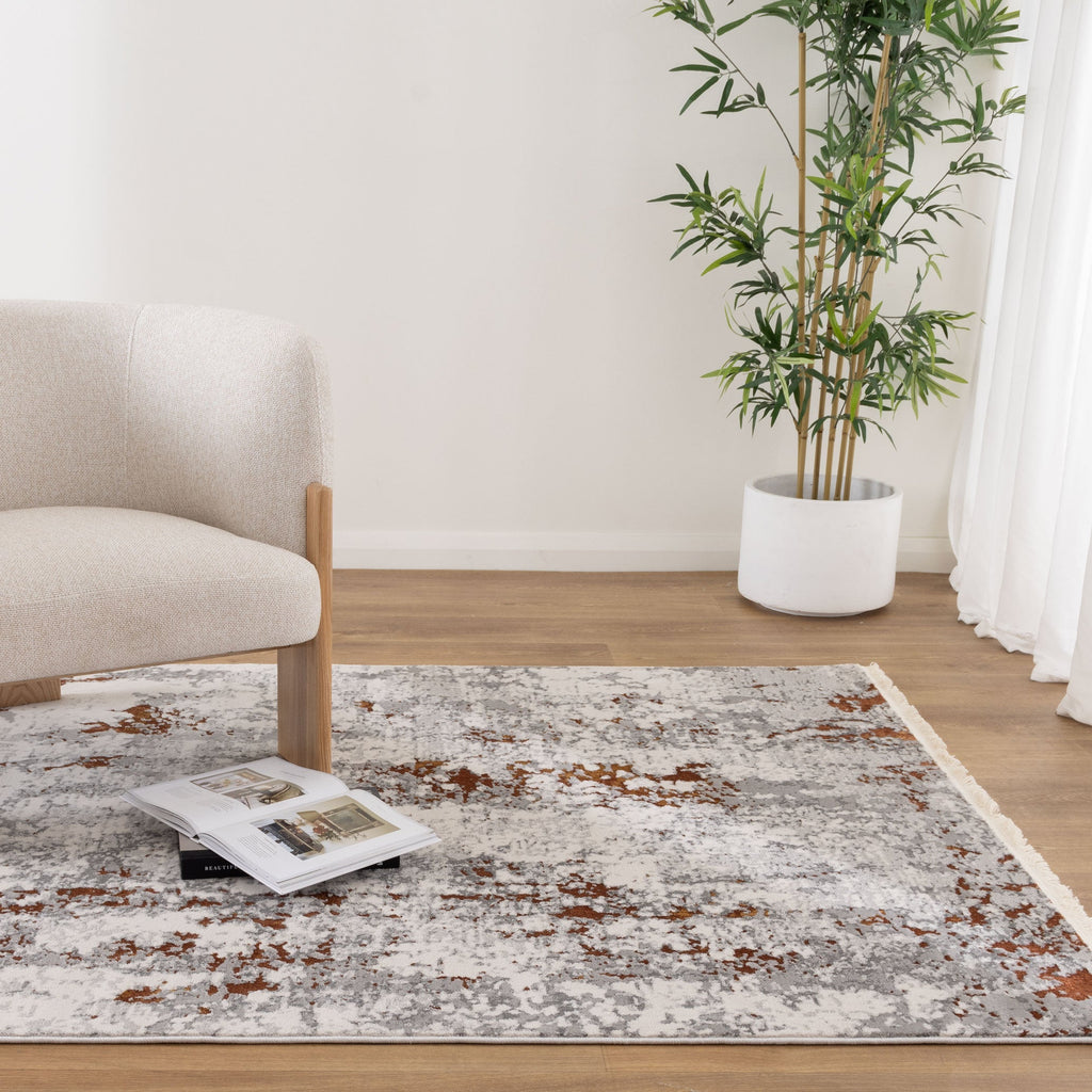 Bohemian Paradise One Modern Grey Terracotta Rug - 01GTER styled with furniture