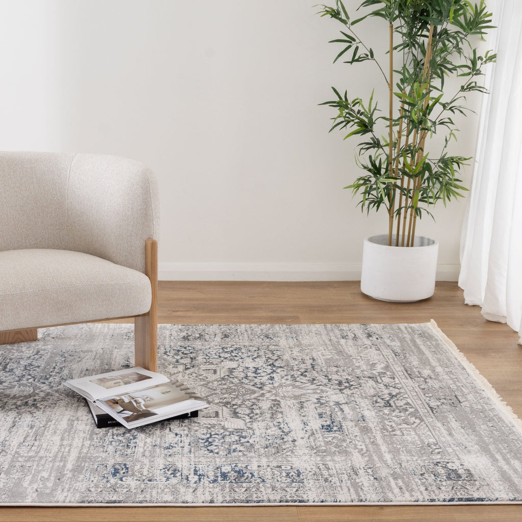 Bohemian Paradise Medallion Grey Blue Rug - 06GBLU styled with furniture