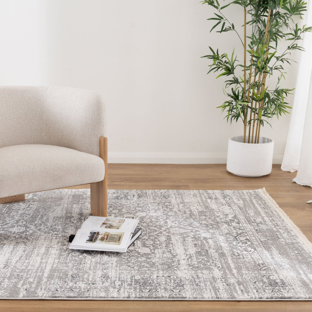 Bohemian Paradise Medallion Grey Rug - 06GREY styled with furniture
