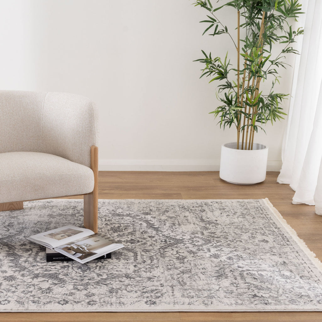 Bohemian Paradise Vintage Grey Rug - 07GREY styled with furniture