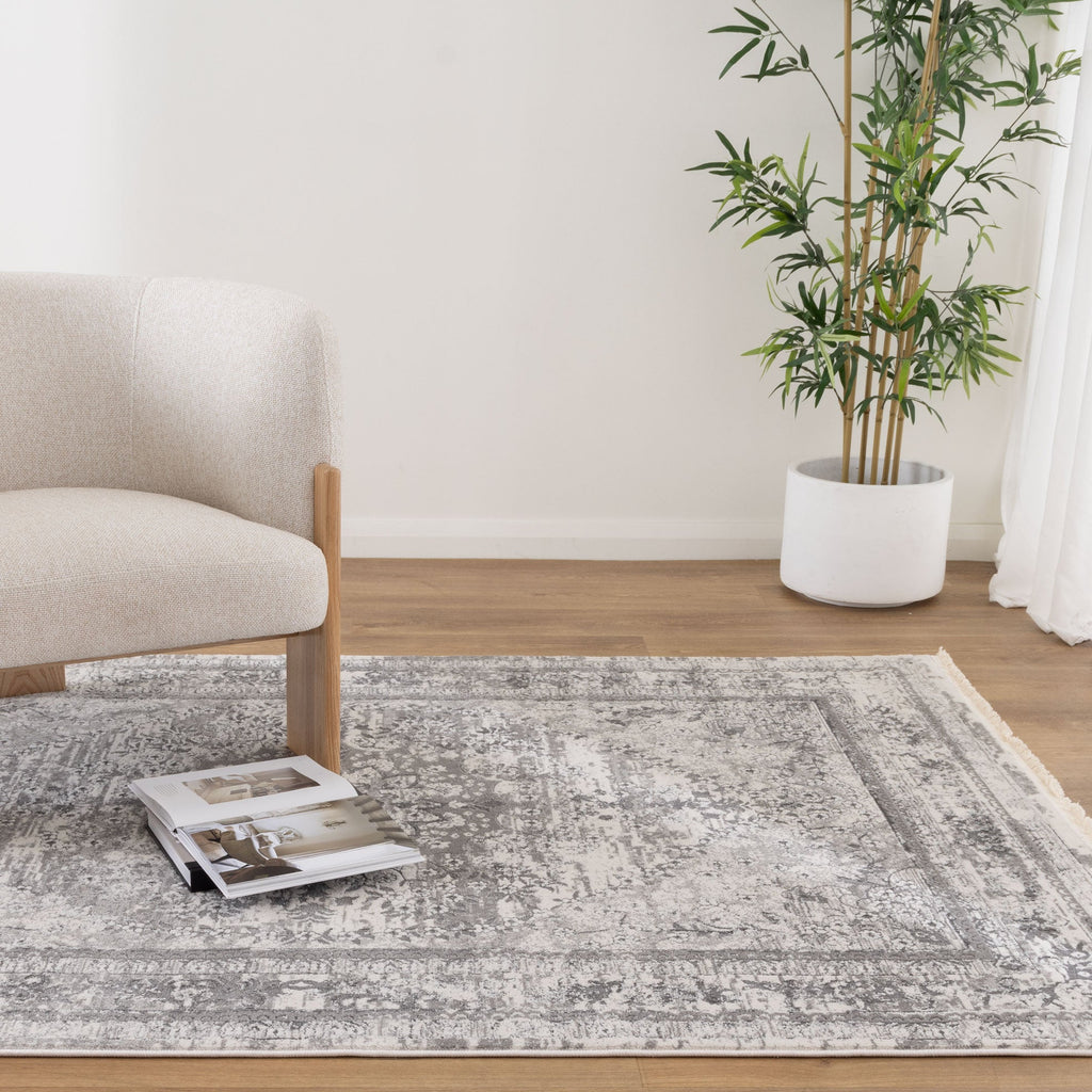 Bohemian Paradise Vintage Medallion Grey Rug - 08GREY styled with furniture