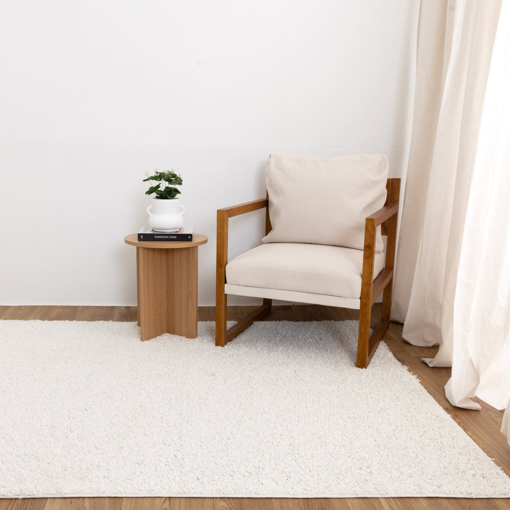 Florence Bone Shaggy Rug styled with furniture
