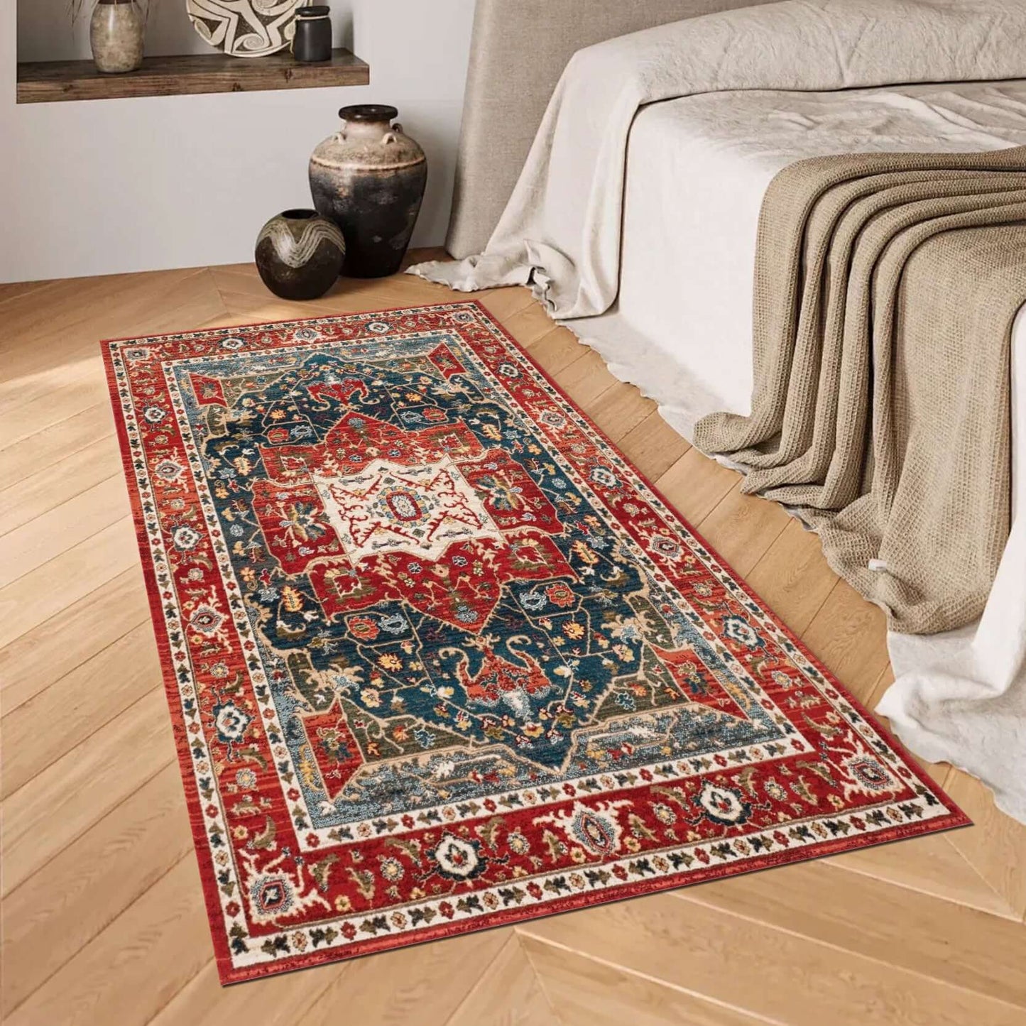 Traditional Red & Blue Persian Medallion Rug Enhance your home décor with the BY-BS-111 Traditional Red & Blue Persian Rug, featuring a stunning central medallion pattern inspired by Persian design. The rich red and deep blue hues are accented with intric