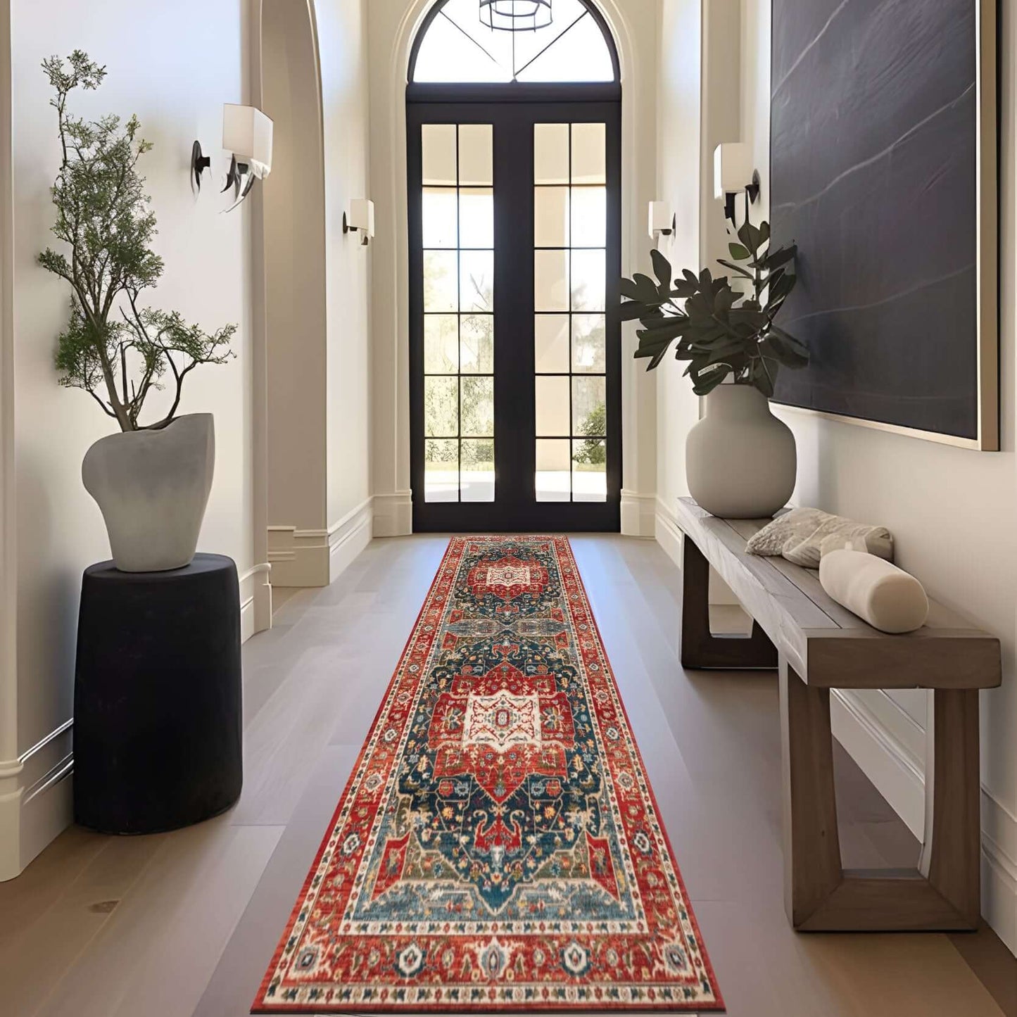 Traditional Red & Blue Persian Medallion Rug Enhance your home décor with the BY-BS-111 Traditional Red & Blue Persian Rug, featuring a stunning central medallion pattern inspired by Persian design. The rich red and deep blue hues are accented with intric