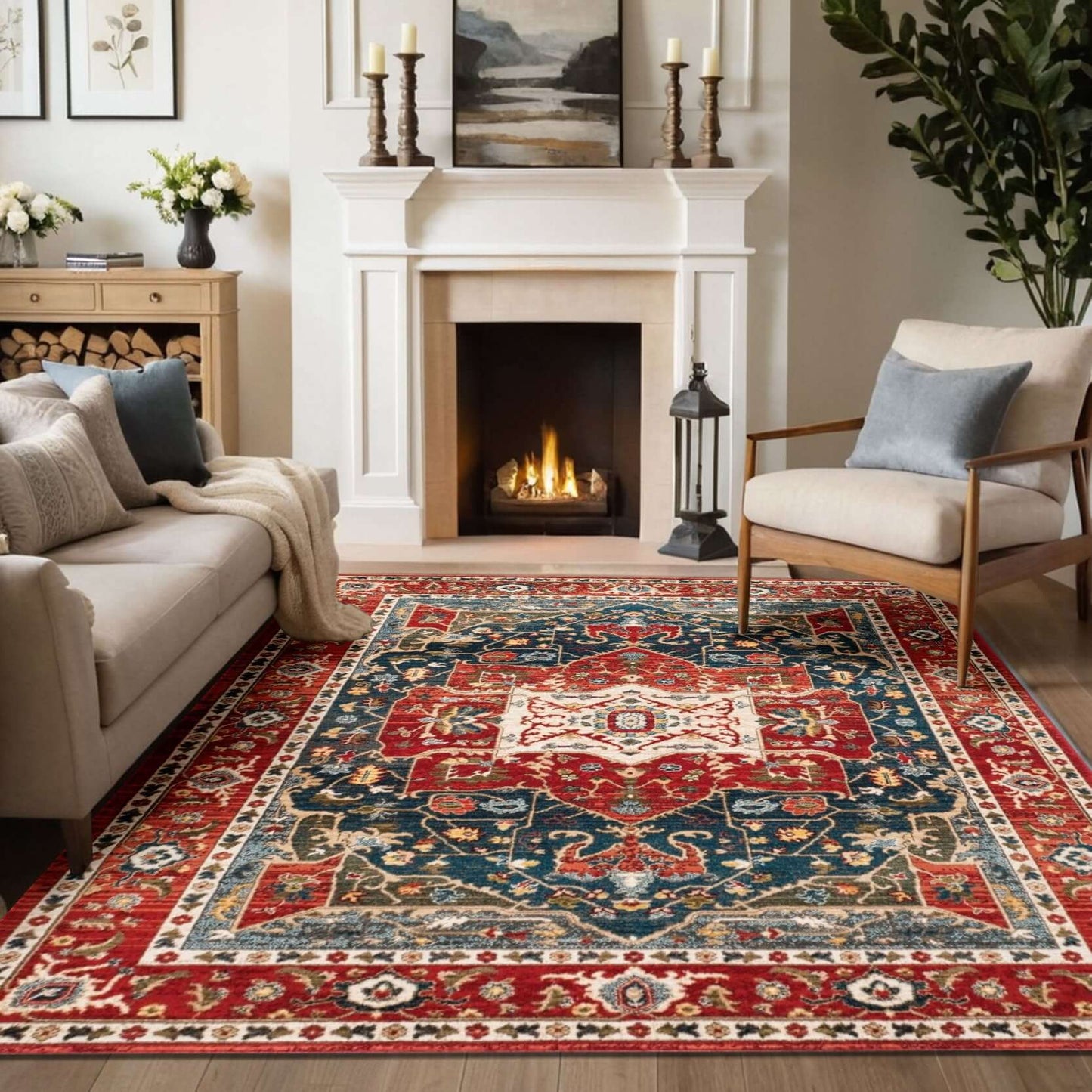 Traditional Red & Blue Persian Medallion Rug Enhance your home décor with the BY-BS-111 Traditional Red & Blue Persian Rug, featuring a stunning central medallion pattern inspired by Persian design. The rich red and deep blue hues are accented with intric