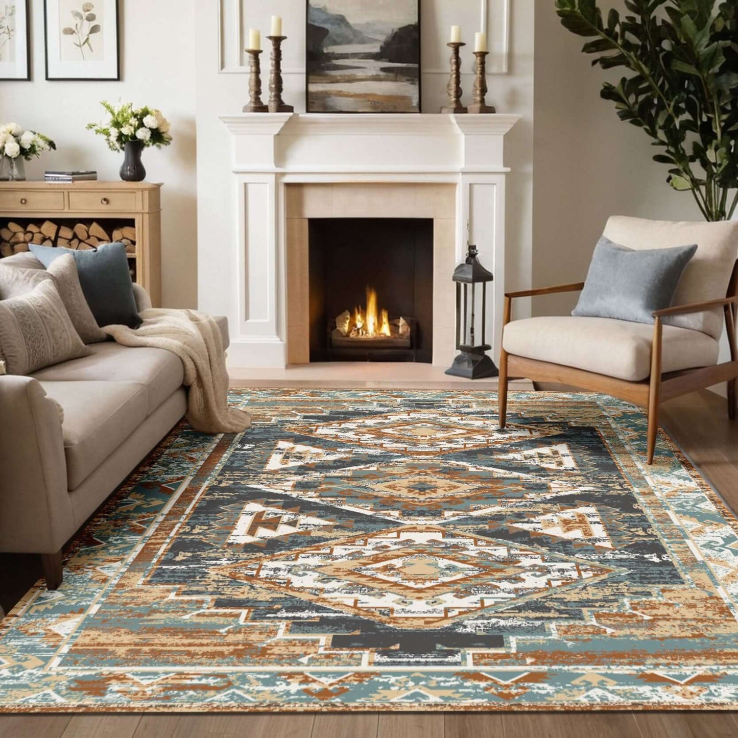 Tribal Southwestern-Inspired Rug with Geometric Patterns Enhance your space with the bold charm of the BY-BS-122 Tribal Southwestern Rug, featuring geometric diamond motifs inspired by traditional Southwestern design. With a rich blend of earthy browns, m