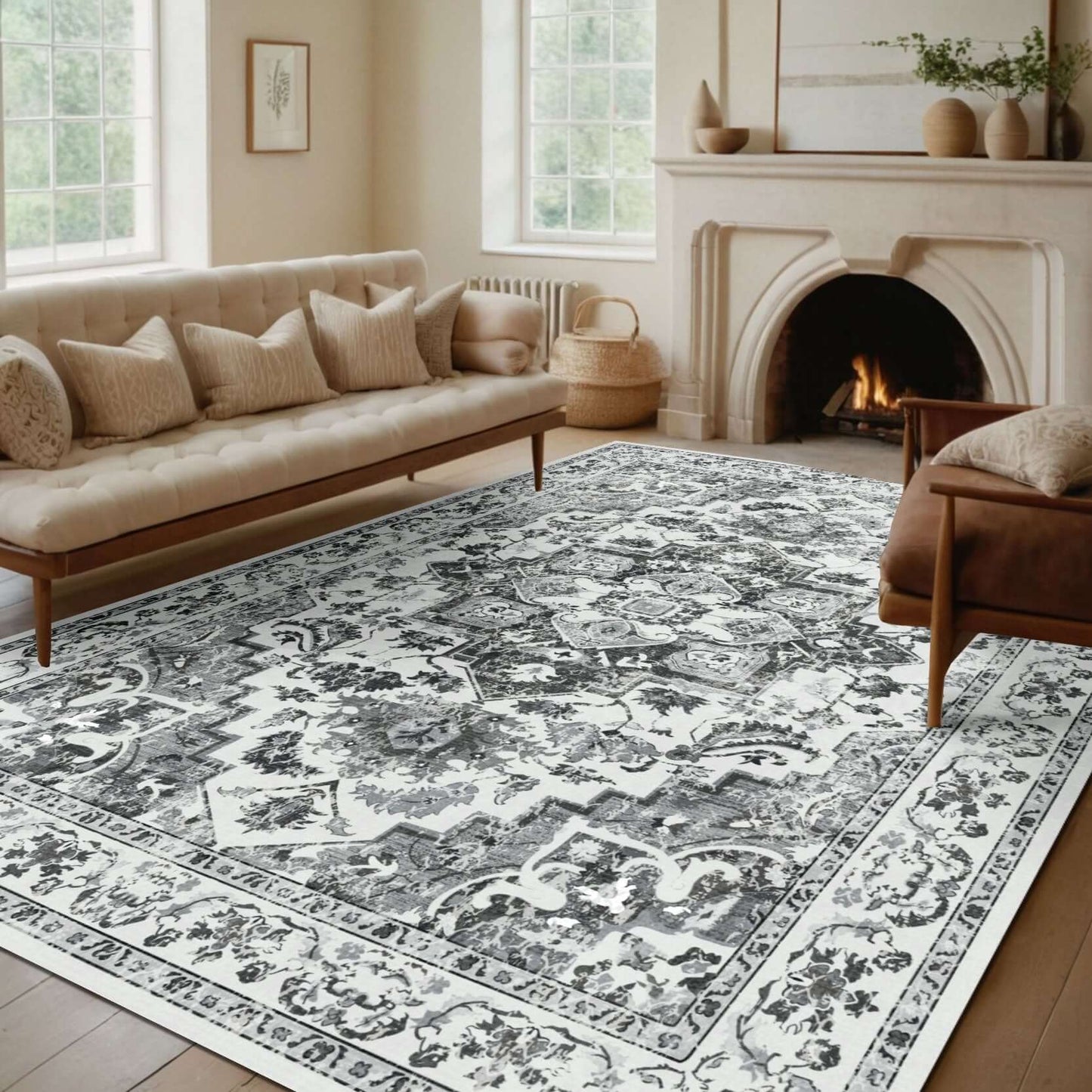 Classic Monochrome Floral Medallion Rug Elevate your home with the BY-BS-160 Classic Monochrome Floral Medallion Rug. Featuring a timeless black and white medallion design, this rug showcases intricate floral and ornamental patterns that blend sophisticat