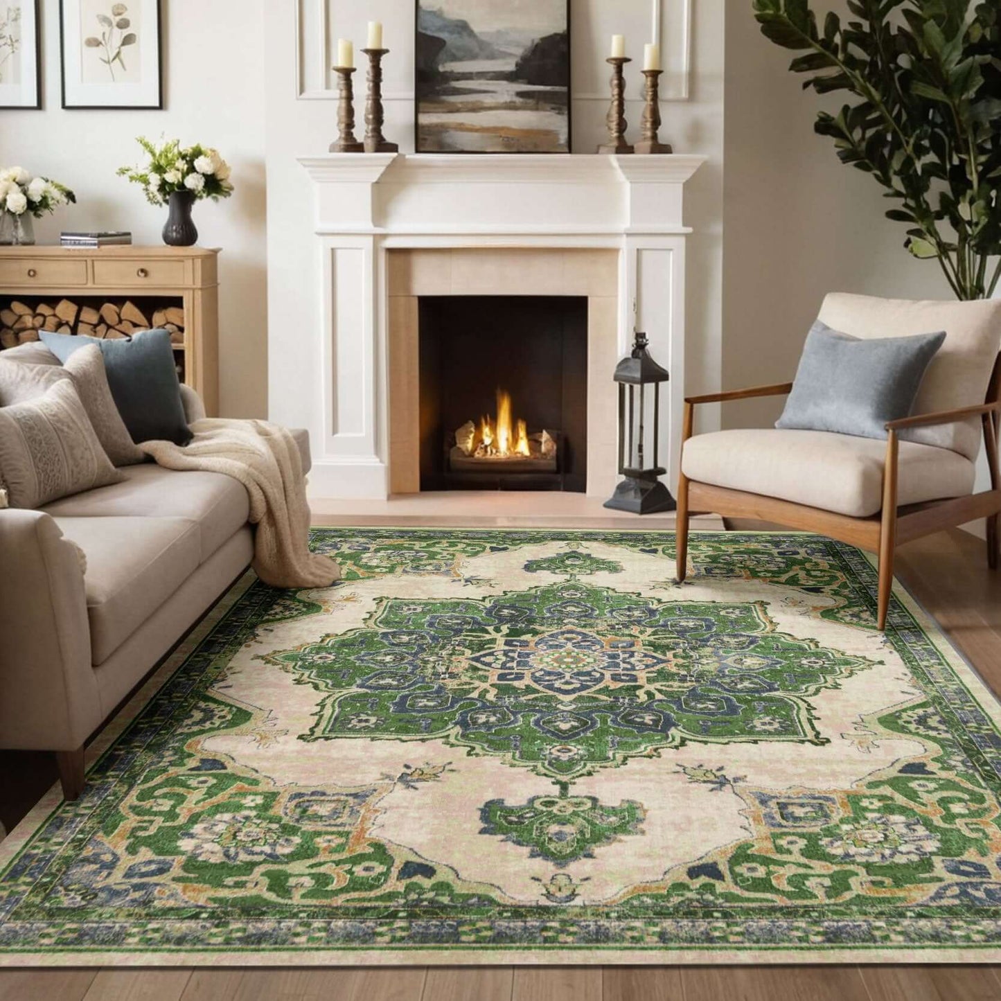 Persian Medallion-Inspired Rug with Elegant Green Tones Bring elegance and refinement to your living space with the BY-BS-195 Persian Medallion-Inspired Rug. Featuring a sophisticated central medallion pattern, this rug is designed with intricate floral m