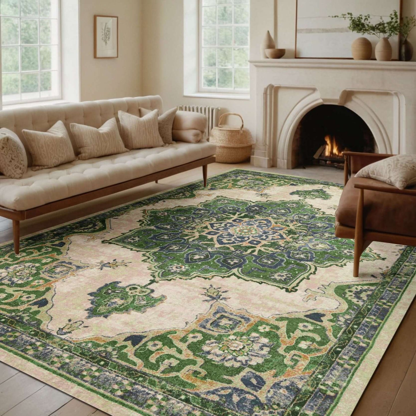 Persian Medallion-Inspired Rug with Elegant Green Tones Bring elegance and refinement to your living space with the BY-BS-195 Persian Medallion-Inspired Rug. Featuring a sophisticated central medallion pattern, this rug is designed with intricate floral m