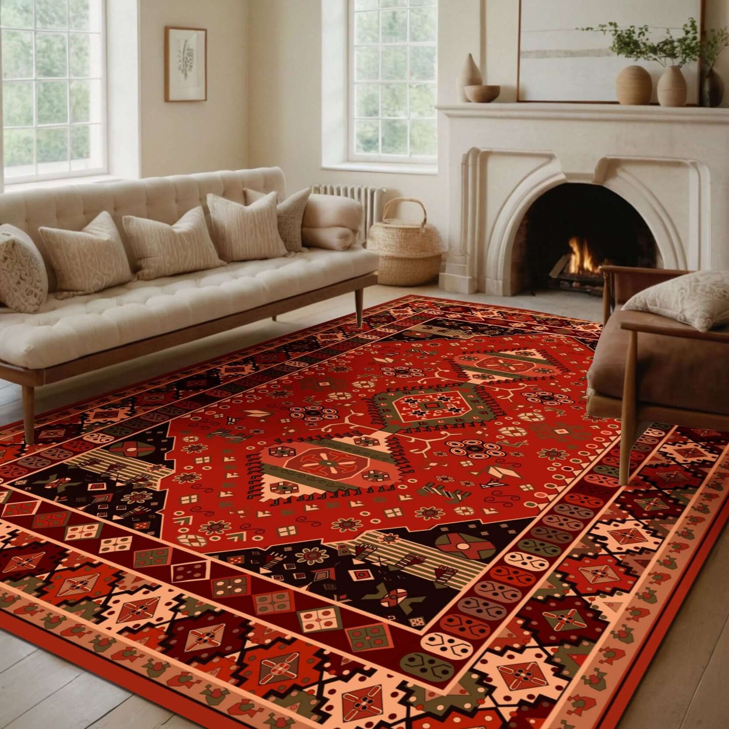 Anatolian Heritage Red Turkish Rug – Traditional Kilim Style Transform your home with the Anatolian Heritage Red Turkish Rug, a masterpiece inspired by traditional kilim motifs. This exquisite rug features a rich red base adorned with intricate geometric