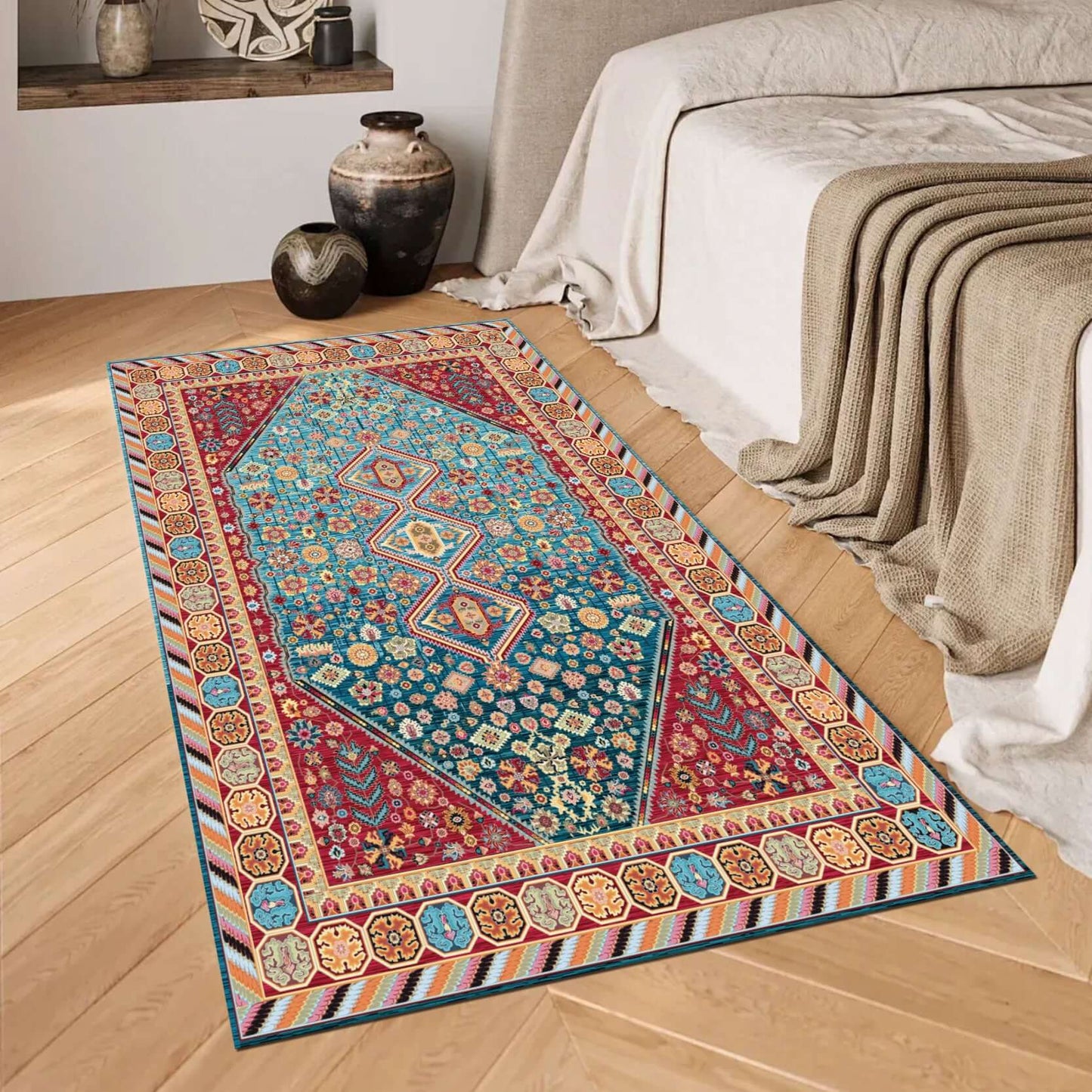 Traditional Vibrant Geometric Turkish Rug Brighten your living space with the BY-BS-35 Traditional Vibrant Geometric Turkish Rug. Featuring a bold fusion of colors with striking geometric and floral patterns, this rug is inspired by the rich heritage of T