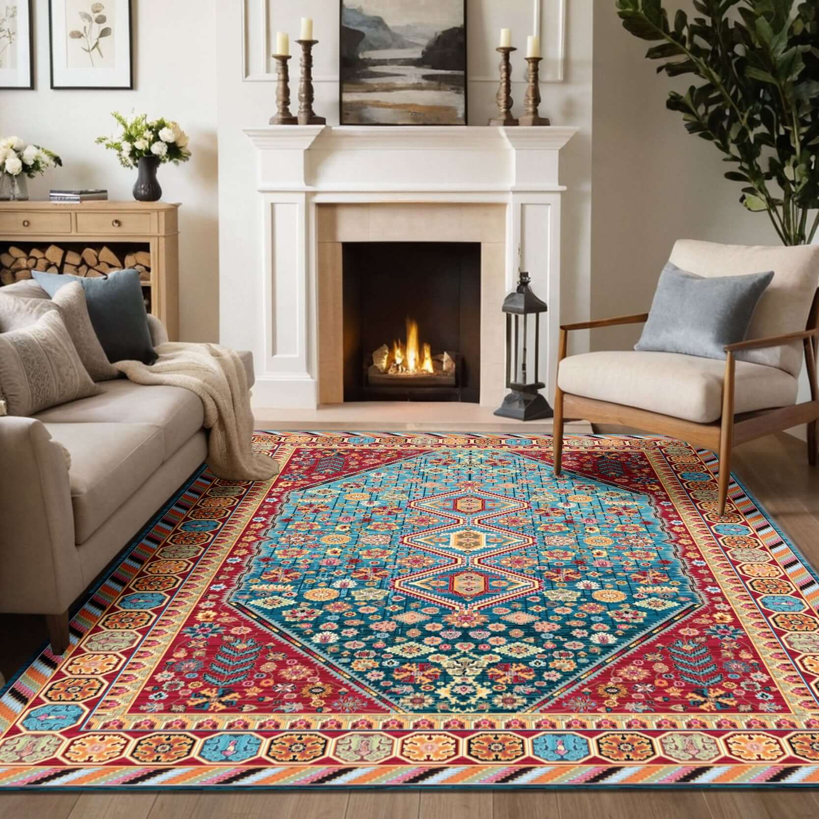 Traditional Vibrant Geometric Turkish Rug Brighten your living space with the BY-BS-35 Traditional Vibrant Geometric Turkish Rug. Featuring a bold fusion of colors with striking geometric and floral patterns, this rug is inspired by the rich heritage of T