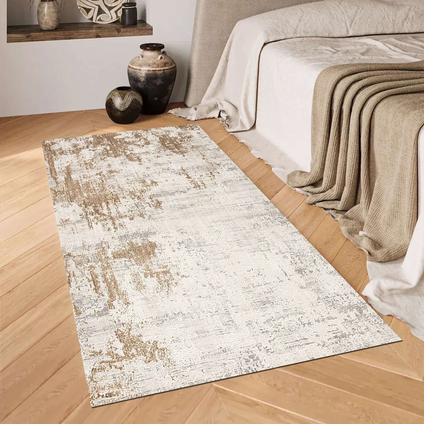 Golden Sand Distressed Rug – Elegant Beige & Gold Tones Transform your space with the Golden Sand Distressed Rug, a sophisticated blend of beige and gold hues that exude warmth and timeless elegance. Crafted from high-quality materials, this rug features