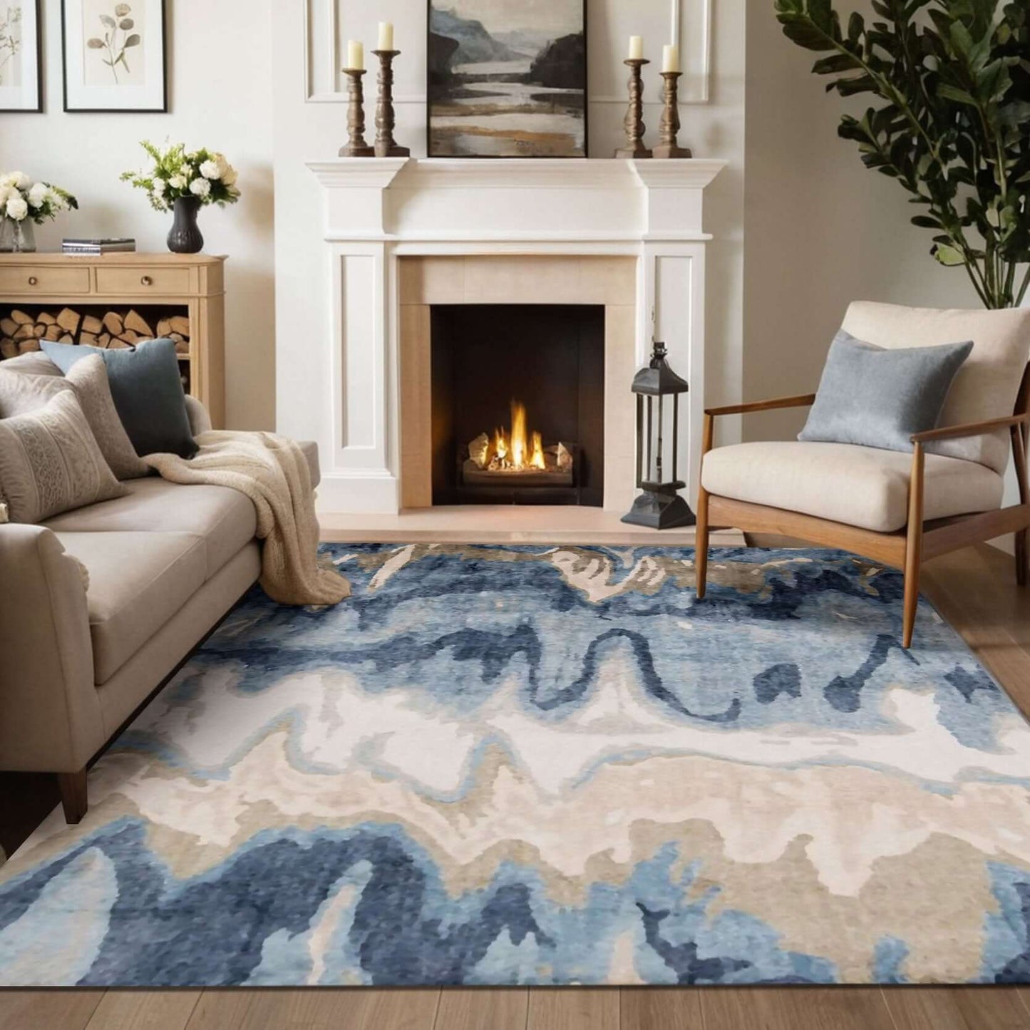 Ocean Mirage Rug Collection Transform your living space with the Ocean Mirage Rug Collection, a stunning fusion of modern artistry and timeless elegance. Featuring a mesmerizing blend of deep ocean blues, warm sandy beiges, and soft ivory tones, this rug