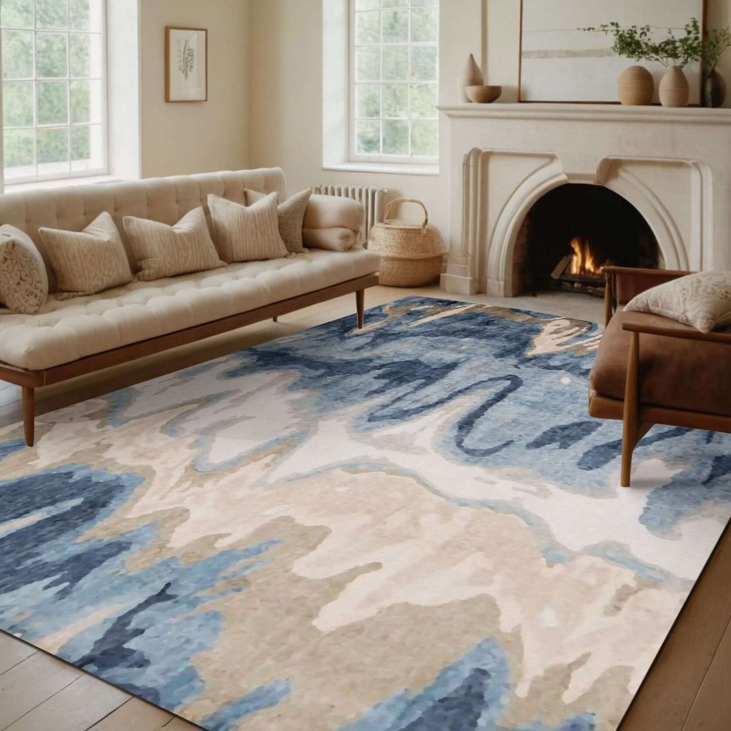 Ocean Mirage Rug Collection Transform your living space with the Ocean Mirage Rug Collection, a stunning fusion of modern artistry and timeless elegance. Featuring a mesmerizing blend of deep ocean blues, warm sandy beiges, and soft ivory tones, this rug