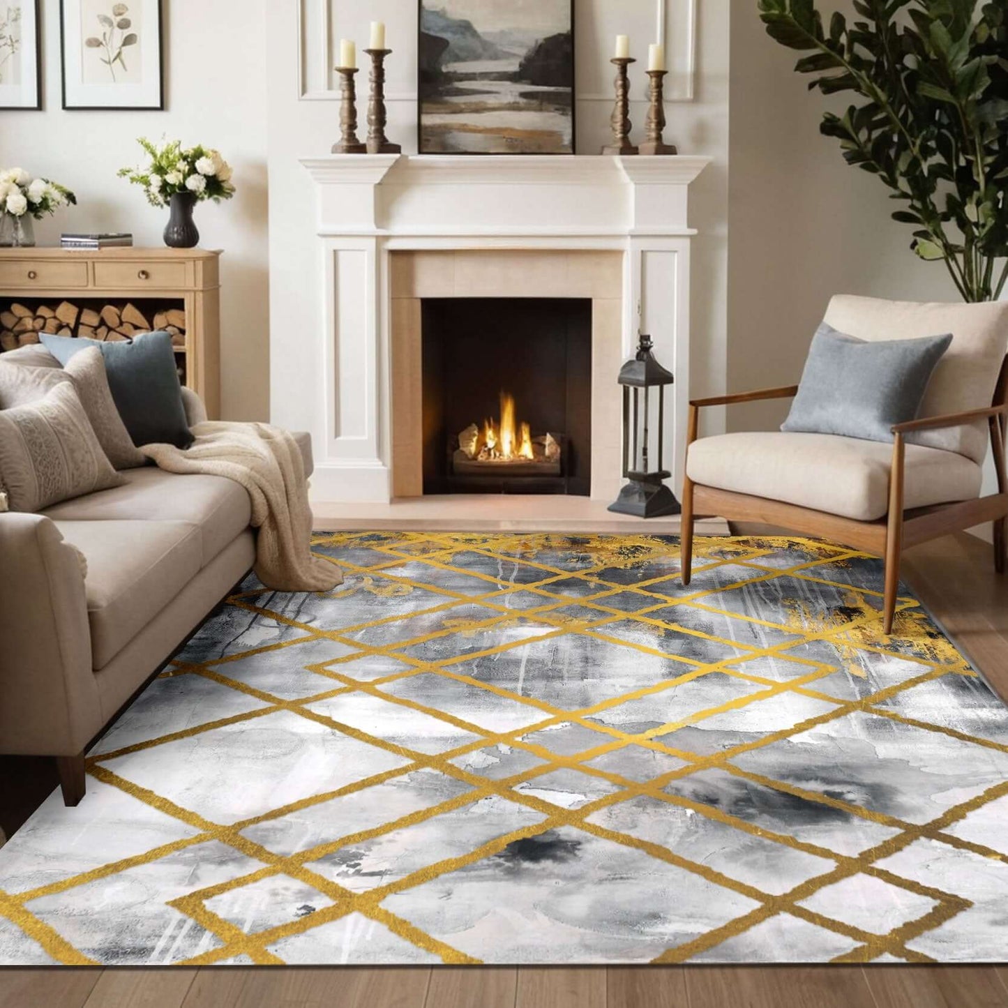 Golden Grid Elegance Rug Transform your living space with the Golden Grid Elegance Rug, featuring a stunning abstract design of soft gray and white hues intersected by golden grid lines. This modern yet timeless rug adds a sophisticated touch to any home