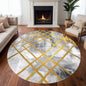 Golden Grid Elegance Rug Transform your living space with the Golden Grid Elegance Rug, featuring a stunning abstract design of soft gray and white hues intersected by golden grid lines. This modern yet timeless rug adds a sophisticated touch to any home