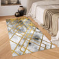 Golden Grid Elegance Rug Transform your living space with the Golden Grid Elegance Rug, featuring a stunning abstract design of soft gray and white hues intersected by golden grid lines. This modern yet timeless rug adds a sophisticated touch to any home