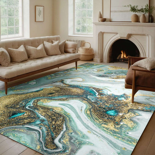 Emerald Waves Rug – Teal and Gold Abstract Design Emerald Waves Rug – Teal, Gold & Ivory Abstract Design Transform your space with the Emerald Waves Rug, a mesmerizing fusion of teal, gold, and ivory in a fluid, marble-like abstract pattern. This modern a