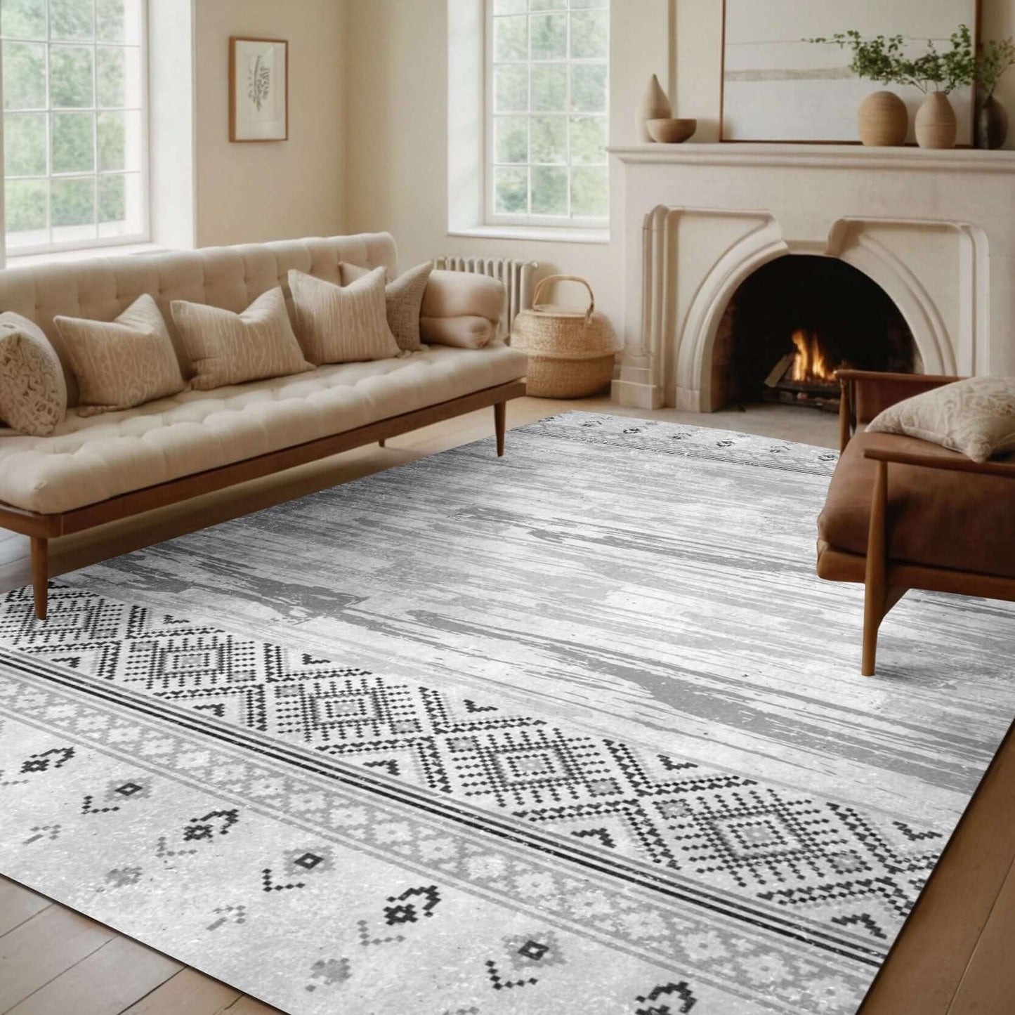 Monochrome Harmony Rug Elevate your living space with the Monochrome Harmony Rug, a stunning blend of modern minimalism and traditional elegance. This high-quality Turkish rug features a sophisticated grayscale palette, incorporating textured wood and int