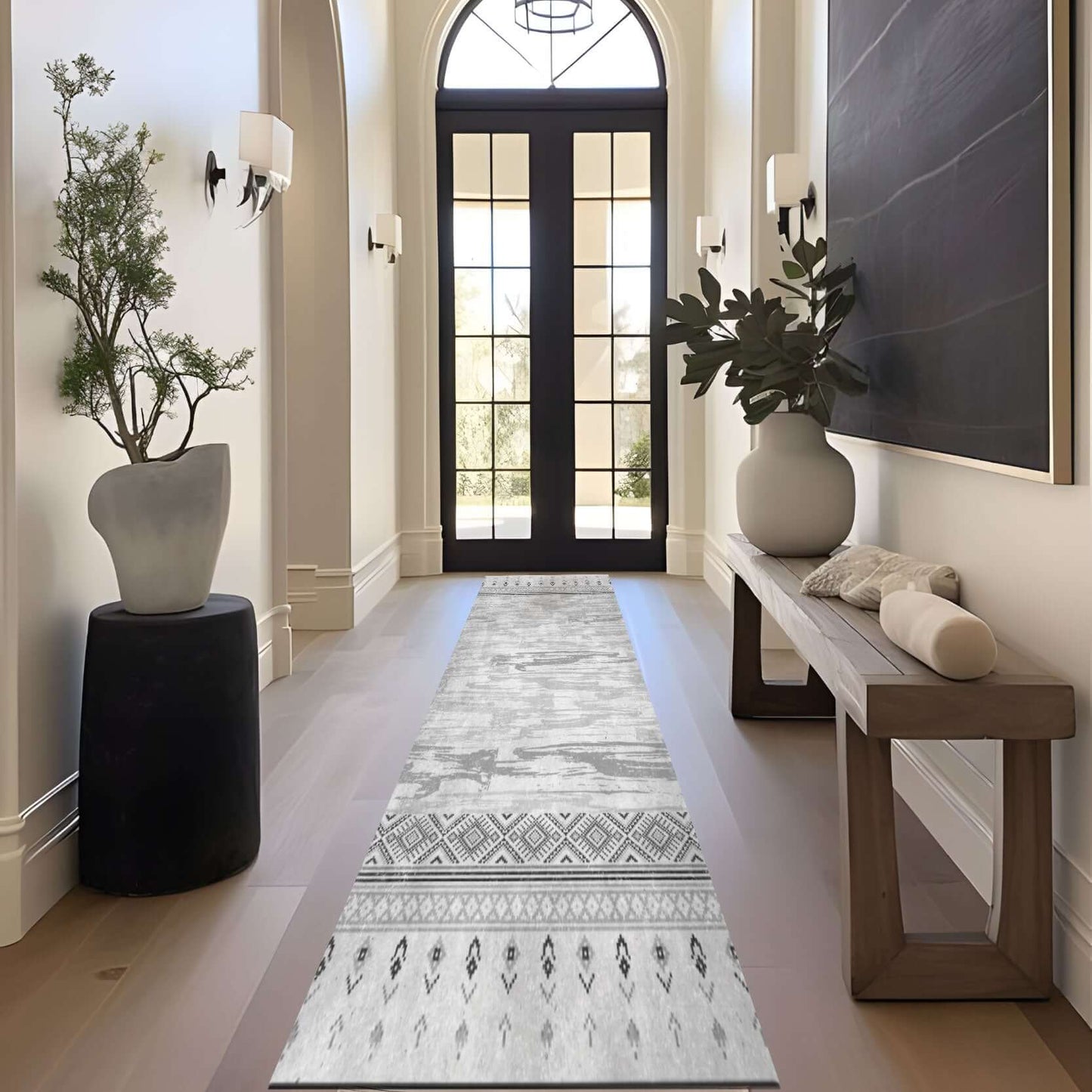 Monochrome Harmony Rug Elevate your living space with the Monochrome Harmony Rug, a stunning blend of modern minimalism and traditional elegance. This high-quality Turkish rug features a sophisticated grayscale palette, incorporating textured wood and int