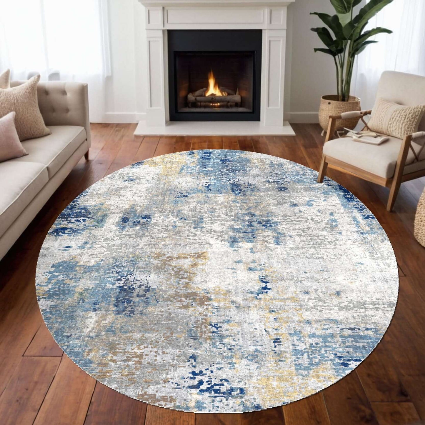 Azure Mist Modern Rug Transform your living space with the Azure Mist Modern Rug, a perfect blend of contemporary design and timeless elegance. Featuring a soothing palette of blue, grey, and hints of gold, this rug creates a tranquil and stylish ambiance