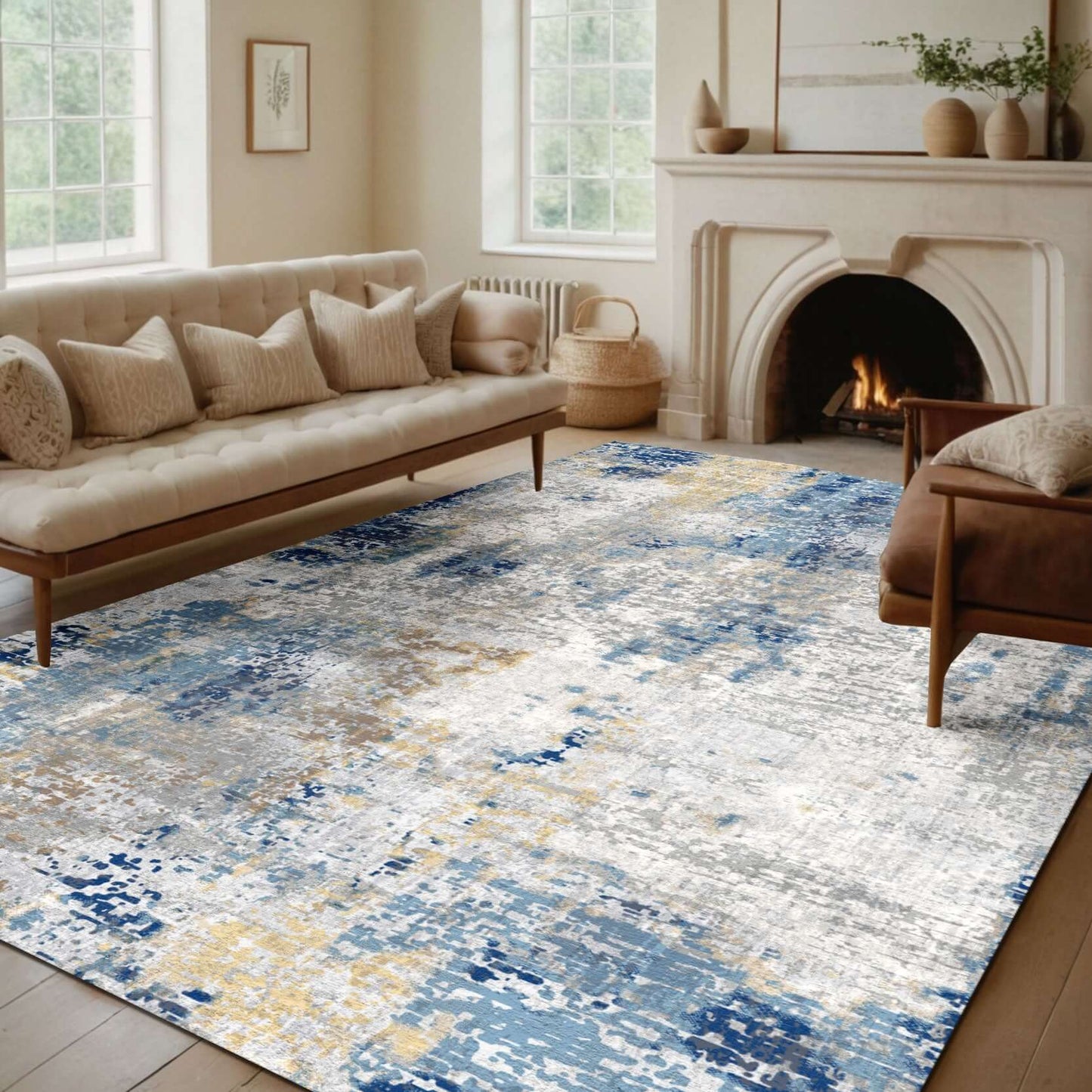 Azure Mist Modern Rug Transform your living space with the Azure Mist Modern Rug, a perfect blend of contemporary design and timeless elegance. Featuring a soothing palette of blue, grey, and hints of gold, this rug creates a tranquil and stylish ambiance