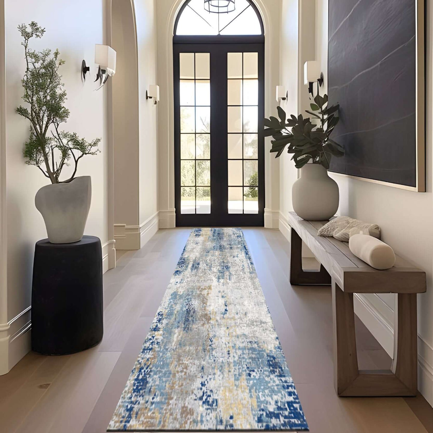 Azure Mist Modern Rug Transform your living space with the Azure Mist Modern Rug, a perfect blend of contemporary design and timeless elegance. Featuring a soothing palette of blue, grey, and hints of gold, this rug creates a tranquil and stylish ambiance