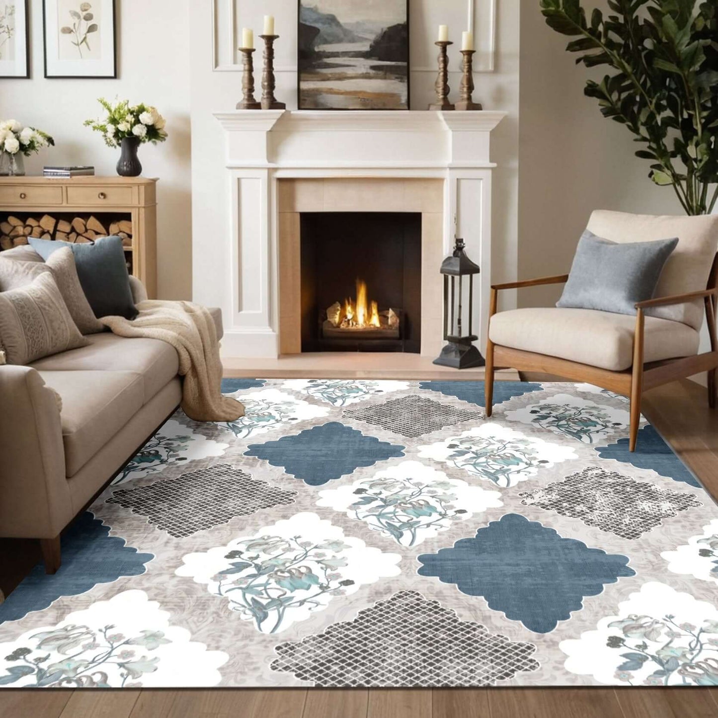 Azure Bloom Vintage Rug Elevate your space with the Azure Bloom Vintage Rug, a stunning fusion of classic floral motifs and modern geometric patterns. Featuring a soothing palette of deep blue, soft ivory, and warm beige, this rug brings a touch of elegan